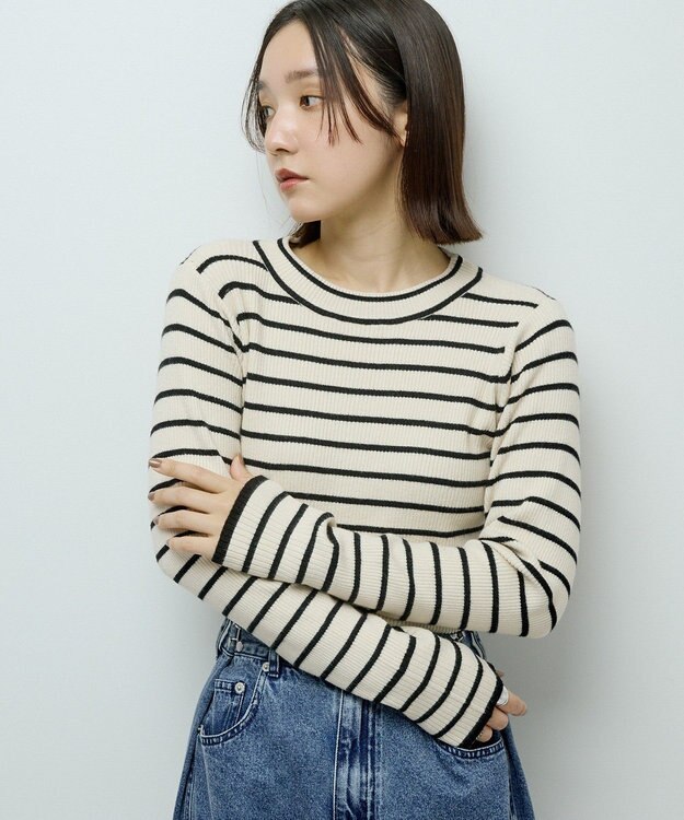 Green Parks ラメライン入りリブニットプルオーバー Border