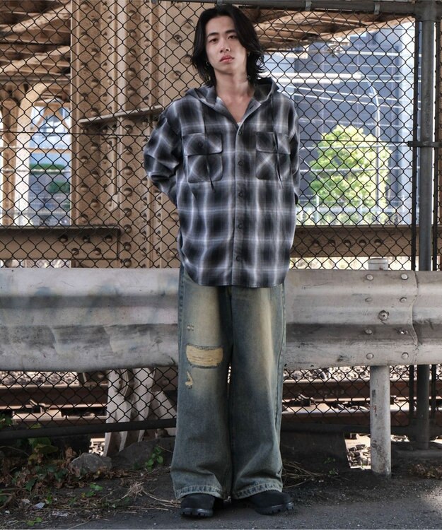 WEGO オンブレチェックフードシャツ（LS） ブラックチェック1