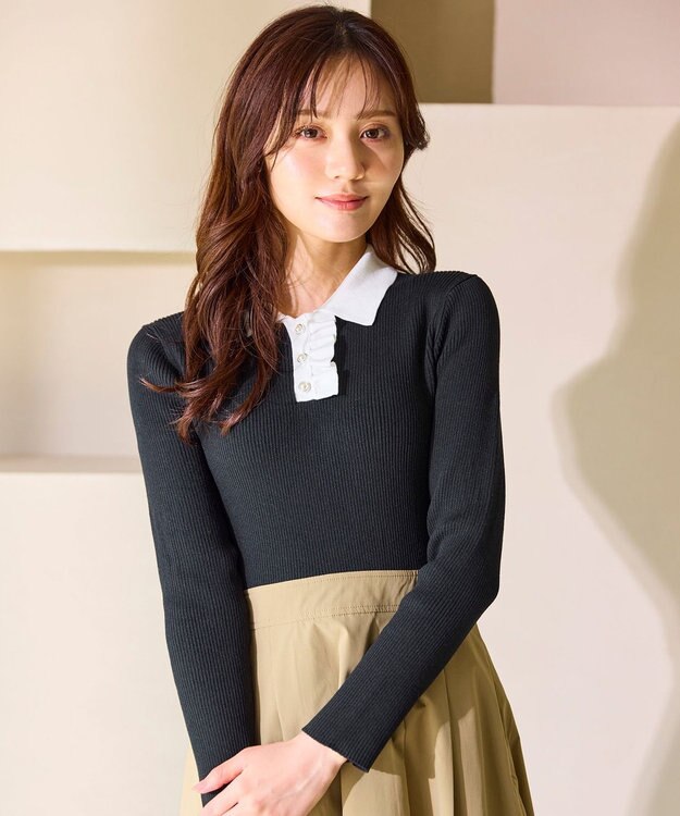 Feroux 襟付きドッキング ワンピース ブラック×ベージュ系