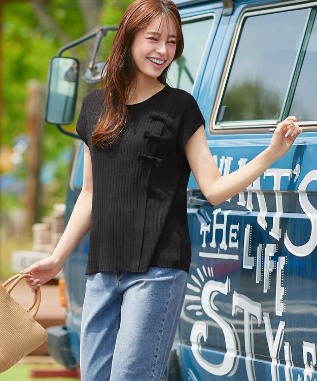 Tiaclasse 【洗える】ナナメ切替リボンニットトップス ブラック