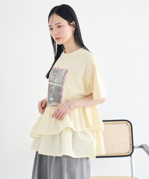 earth music&ecology 異素材ドッキンググラフィックTシャツ Ivory