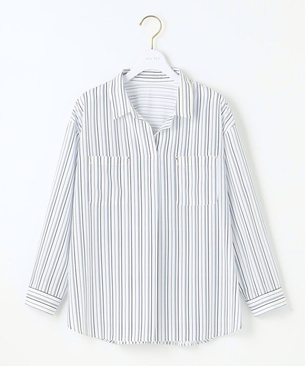 ANY SIS 【洗える】トロミシャツカラー ブラウス ネイビーストライプ