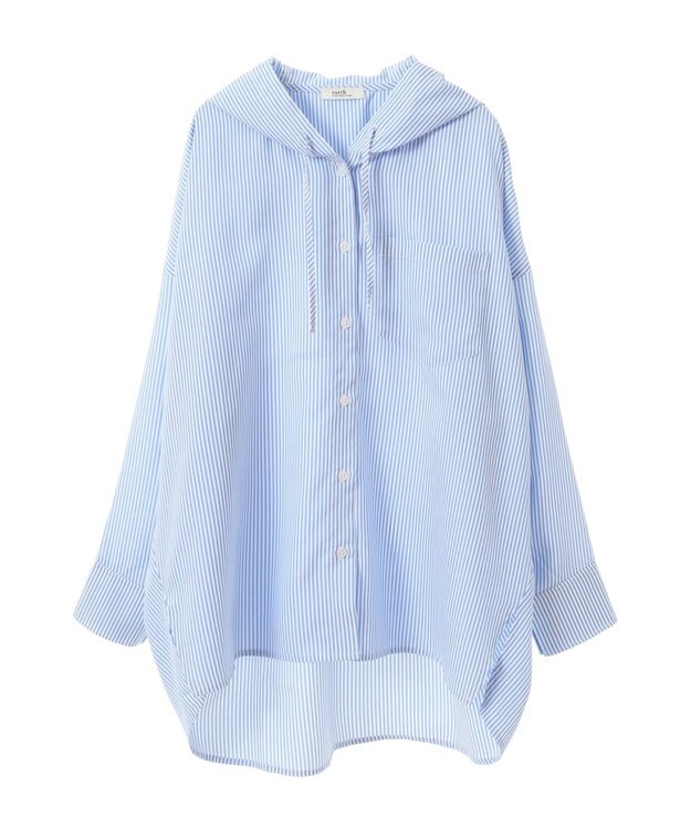 earth music&ecology フーディーシャツ Stripe Blue