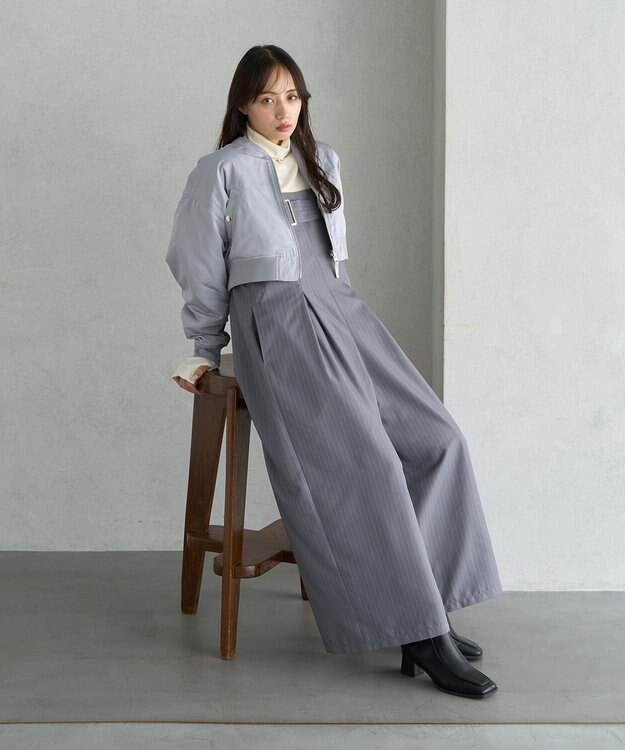 earth music&ecology ベルトベアサロペット Stripe Gray