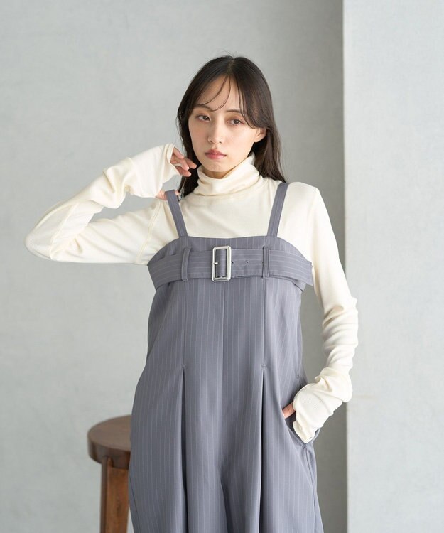 earth music&ecology ベルトベアサロペット Stripe Gray