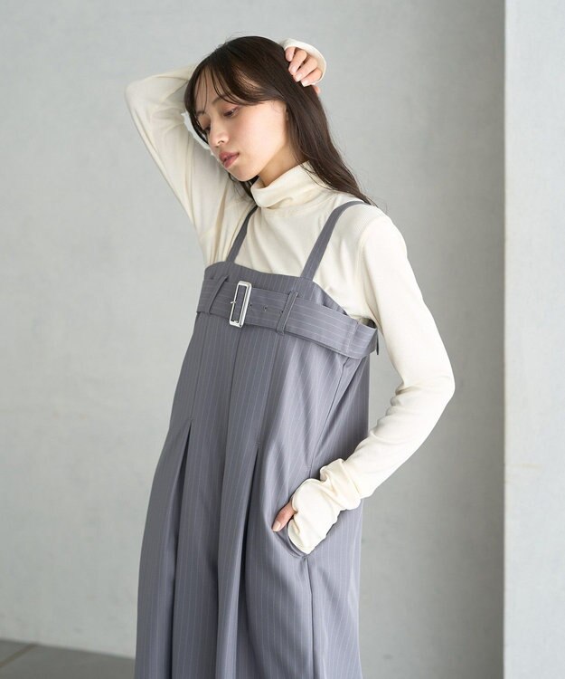 earth music&ecology ベルトベアサロペット Stripe Gray