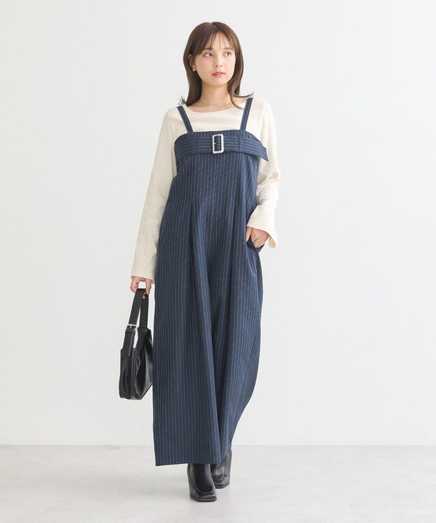 earth music&ecology ベルトベアサロペット Stripe Navy