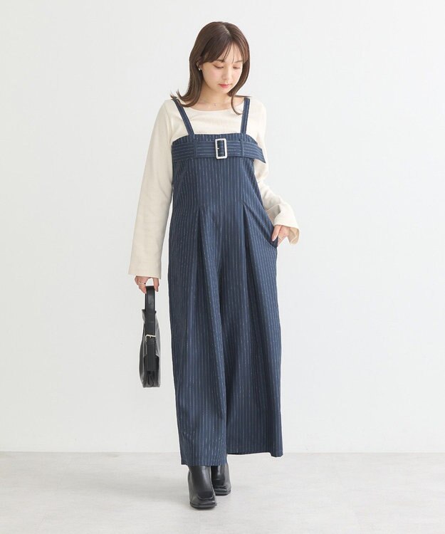 earth music&ecology ベルトベアサロペット Stripe Navy