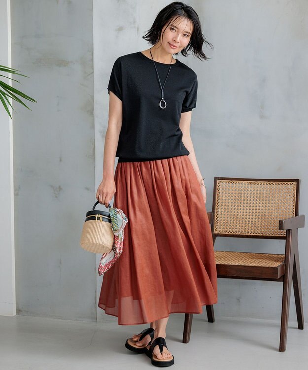 23区 L 【接触冷感/洗える】シアーフィルム フレアスカート キャメル系