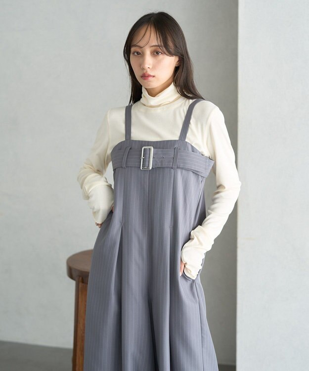 earth music&ecology ベルトベアサロペット Stripe Gray