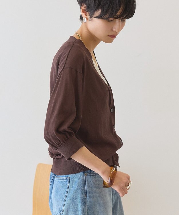 AMERICAN HOLIC 5分袖シアーVネックニットカーディガン Brown