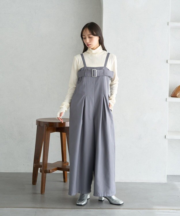 earth music&ecology ベルトベアサロペット Stripe Gray