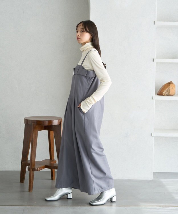 earth music&ecology ベルトベアサロペット Stripe Gray