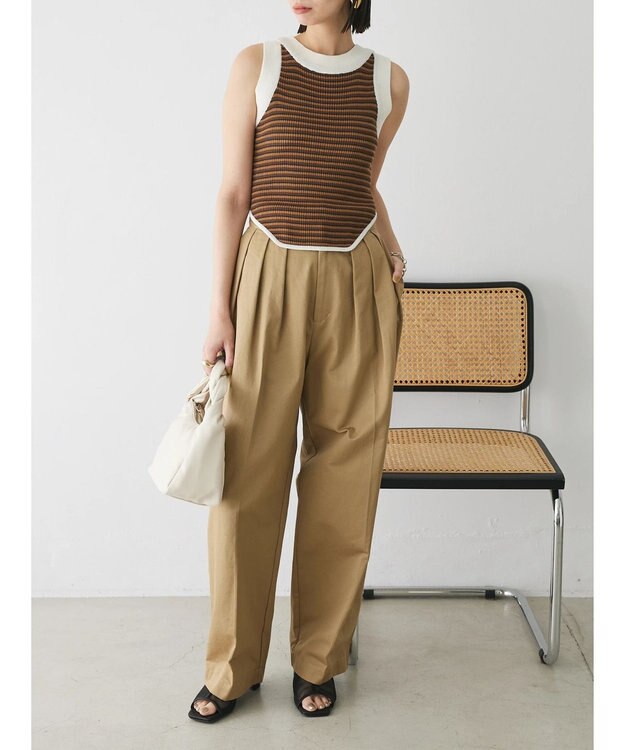 Green Parks デザインヘム配色ニットタンクトップ Brown