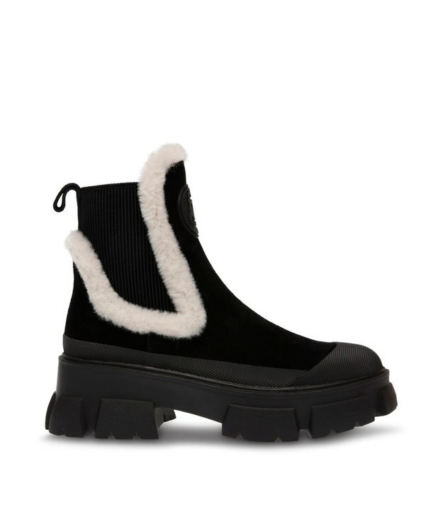 STEVE MADDEN TOWNSHIP 厚底サイドゴアムートンブーツ ブラックスエード