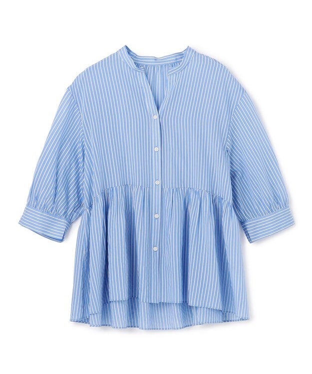 UNFILO ペプラム ギャザーブラウス ブルーストライプ