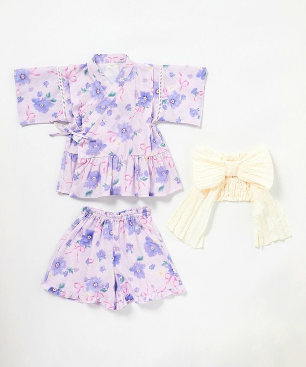 ANY KIDS 簡単帯付き 甚平セット ラベンダー×花柄