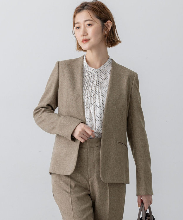 23区 【洗える】ウールライクカルゼ ノーカラー ジャケット ブラウン系