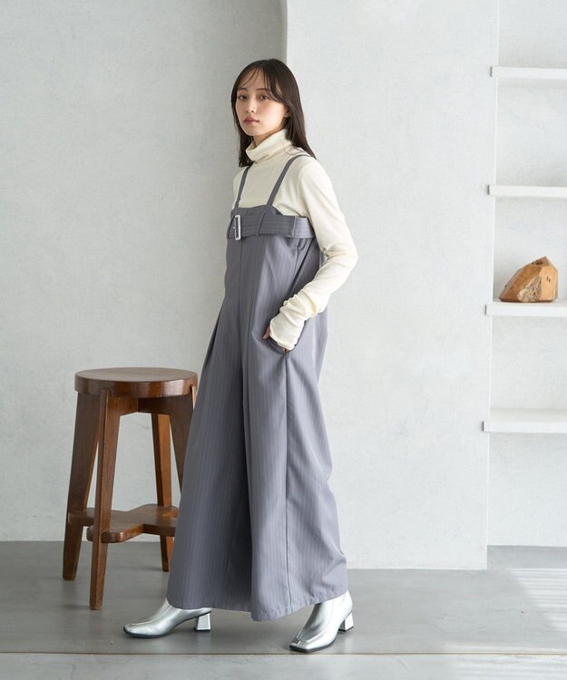 earth music&ecology ベルトベアサロペット Stripe Gray