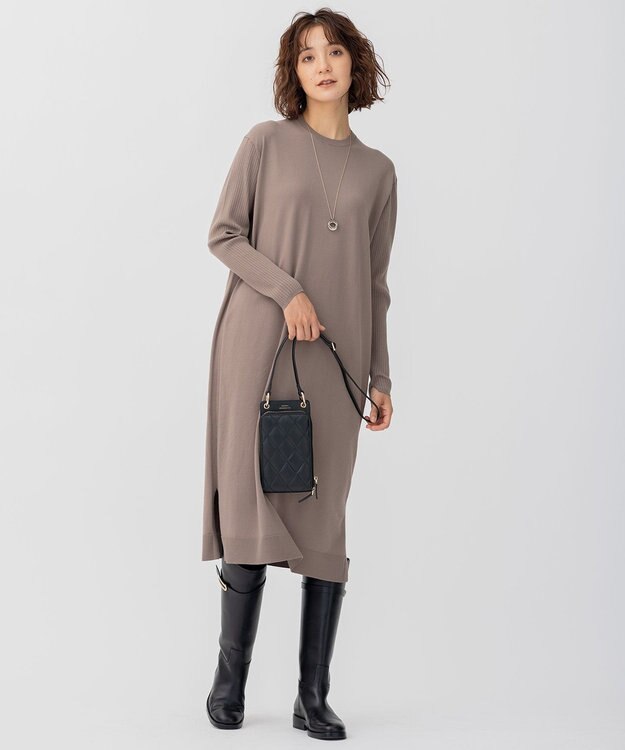 23区 L 【好評につきカラー追加】ヴィスコースストレッチ リブ袖 ワンピース モカ系