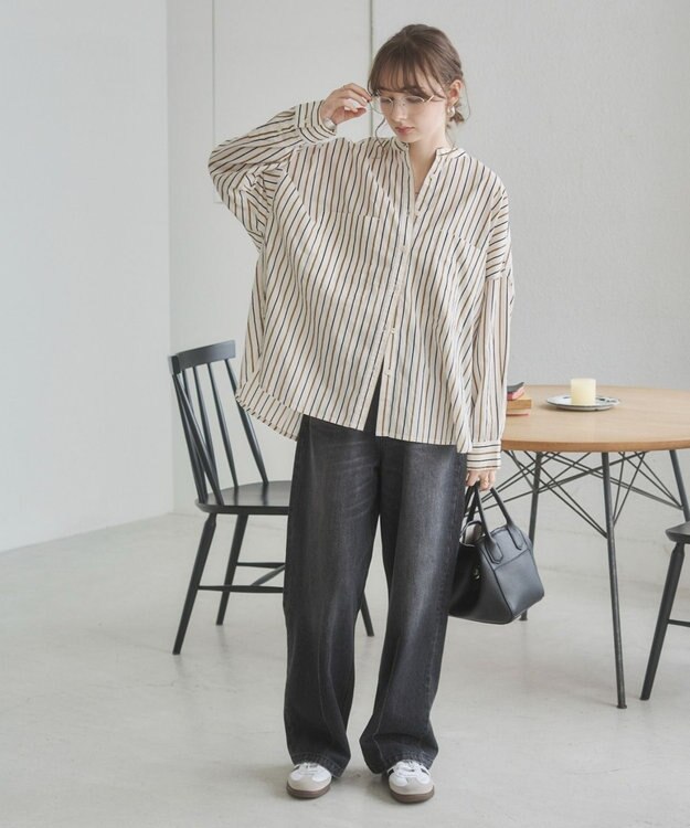 WEGO 着丈が選べる オーバーサイズ バンドカラー シャツ / ストライプ / 無地 柄3