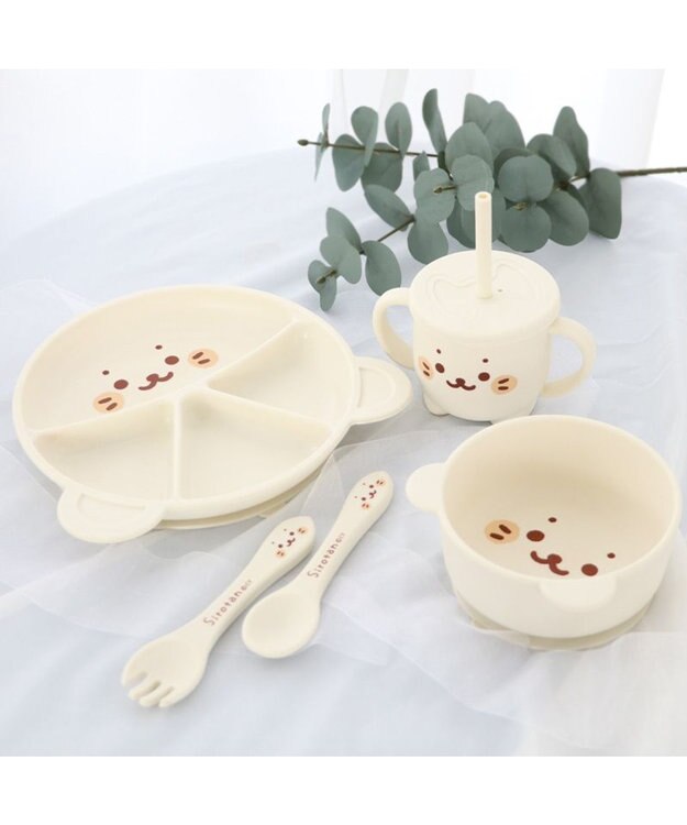 Mother garden しろたん シリコン ベビー食器セット   箱入り《顔ぼん柄》 白～オフホワイト