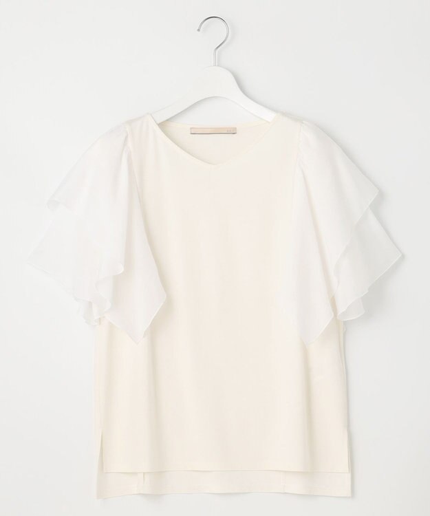 自由区 【XSサイズ~/洗える】ドレーピーポンチラッフルスリーブ カットソー アイボリー系