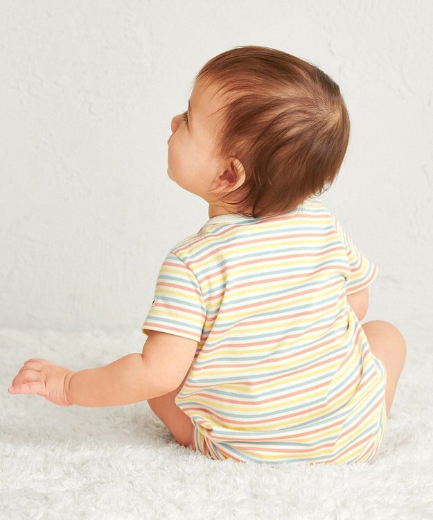 MIKI HOUSE HOT BISCUITS 【70-80cm】 みじんボーダー ワンポイント刺繍 ショートオール マルチカラー