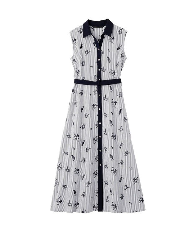 YECCA VECCA ストライプ柄フラワー刺繍ワンピース Navy