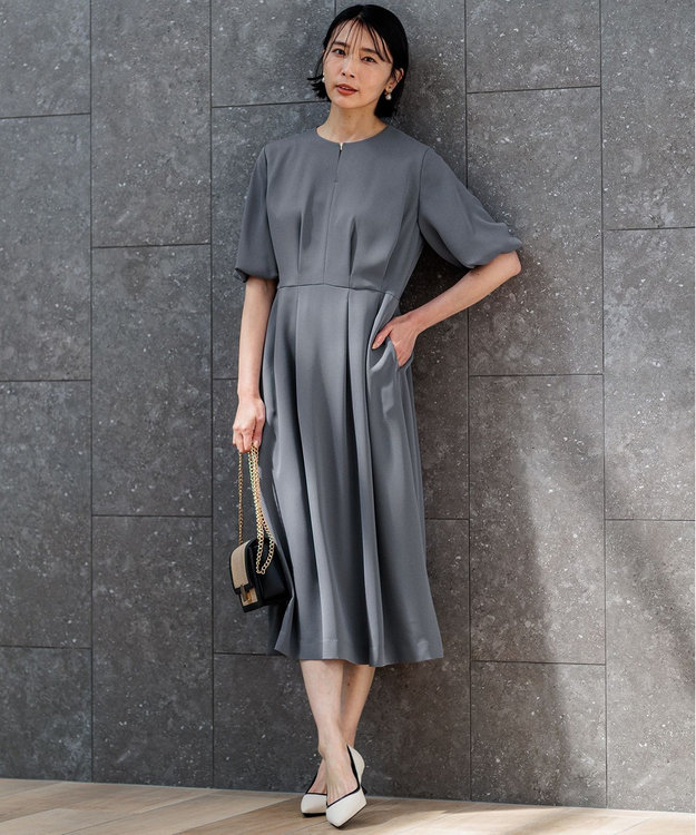 23区 エフォートレスダブルクロスバルーンスリーブワンピース大きいサイズ46 洗える】エフォートレスダブルクロス バルーンスリーブ