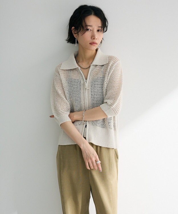 Green Parks 襟付きメッシュ編みＺＩＰカーディガン Light Gray