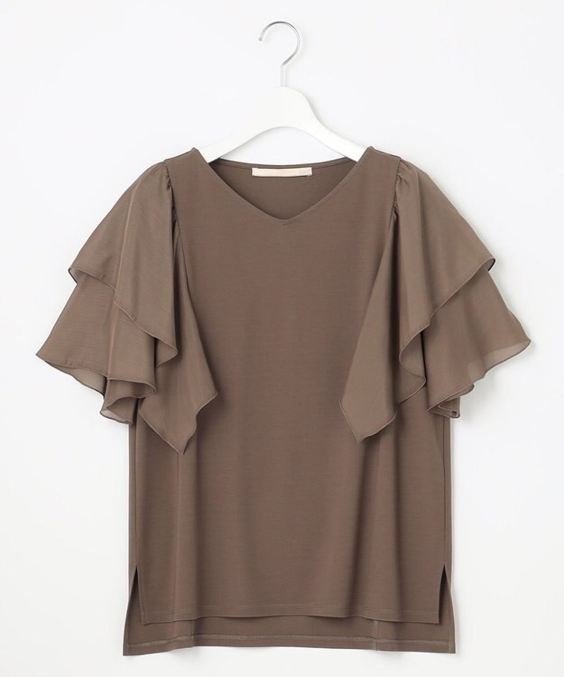 自由区 【XSサイズ~/洗える】ドレーピーポンチラッフルスリーブ カットソー ブラウン系