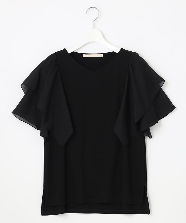 自由区 【XSサイズ~/洗える】ドレーピーポンチラッフルスリーブ カットソー ブラック系