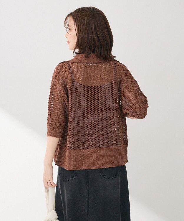 Green Parks 襟付きメッシュ編みＺＩＰカーディガン Brown