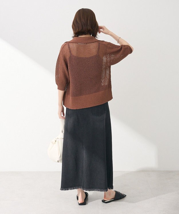 Green Parks 襟付きメッシュ編みＺＩＰカーディガン Brown