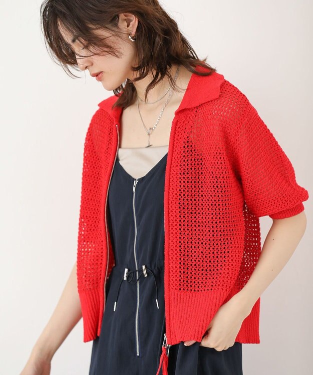 Green Parks 襟付きメッシュ編みＺＩＰカーディガン Red