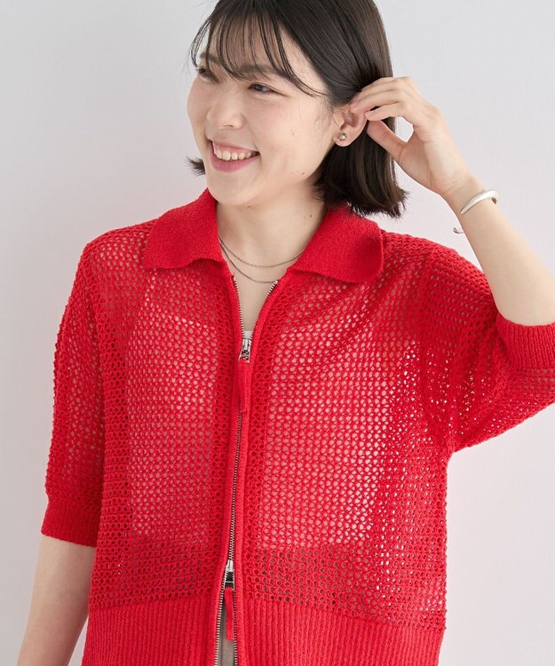 Green Parks 襟付きメッシュ編みＺＩＰカーディガン Red