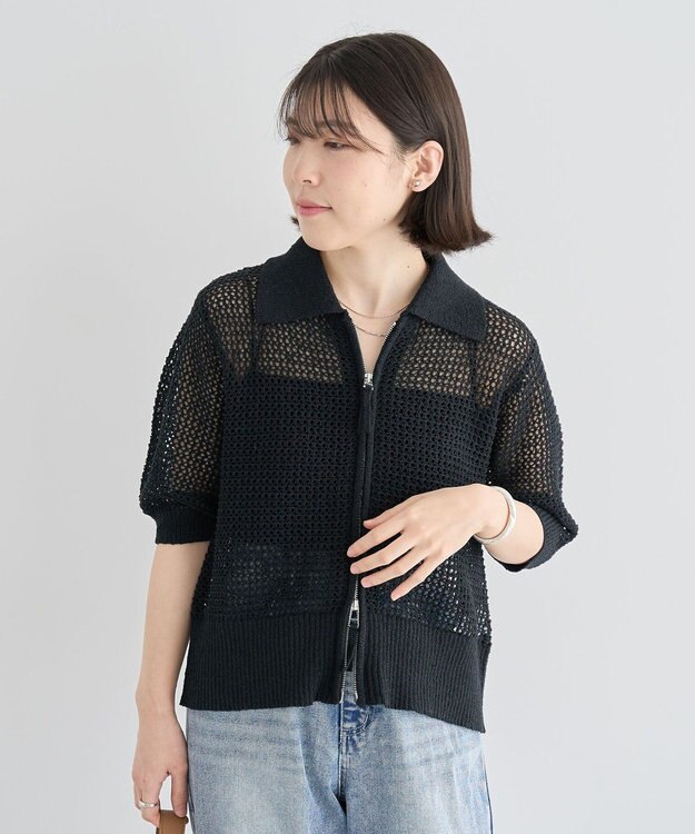 Green Parks 襟付きメッシュ編みＺＩＰカーディガン Black