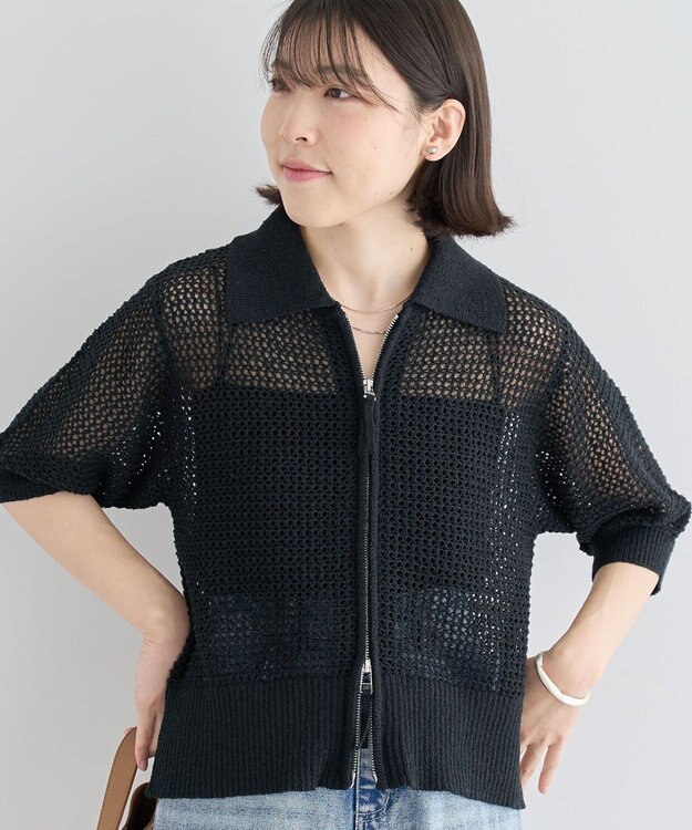 Green Parks 襟付きメッシュ編みＺＩＰカーディガン Black