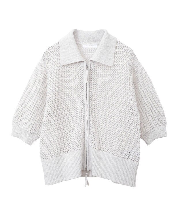 Green Parks 襟付きメッシュ編みＺＩＰカーディガン Light Gray