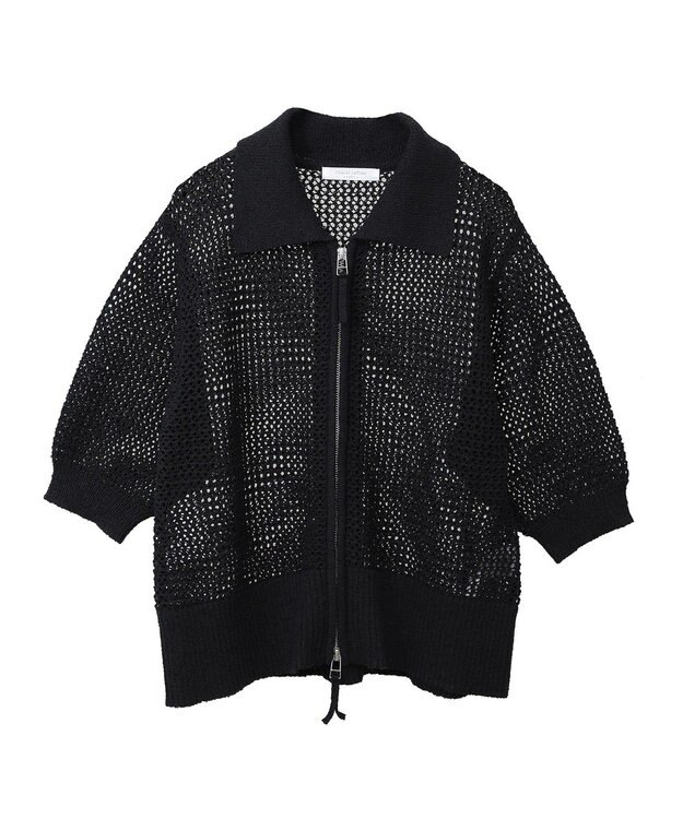 Green Parks 襟付きメッシュ編みＺＩＰカーディガン Black