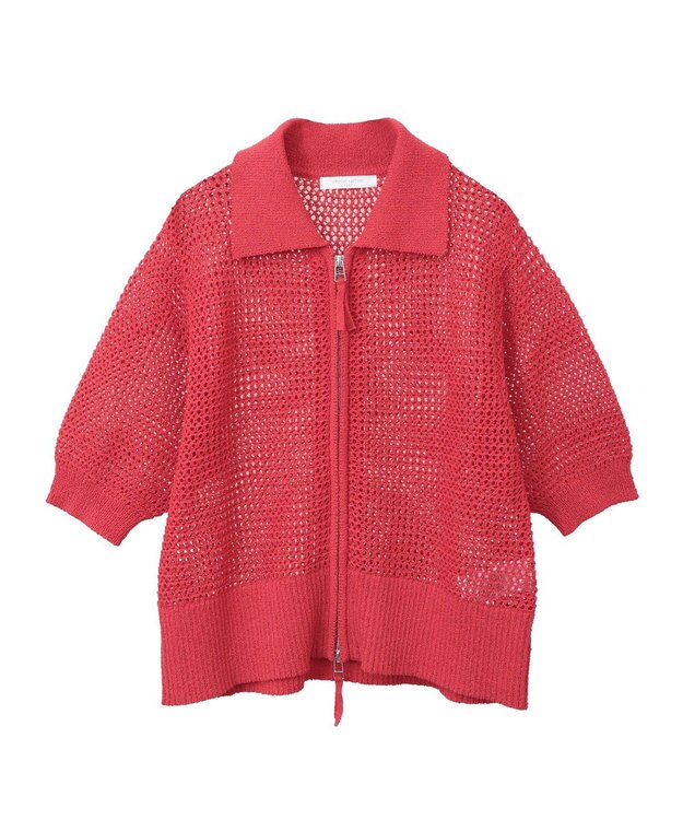 Green Parks 襟付きメッシュ編みＺＩＰカーディガン Red
