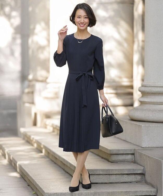 J.PRESS LADIES ノルディス2wayジョーゼット フロントプリーツ ワンピース ネイビー系