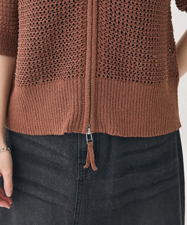 Green Parks 襟付きメッシュ編みＺＩＰカーディガン Brown