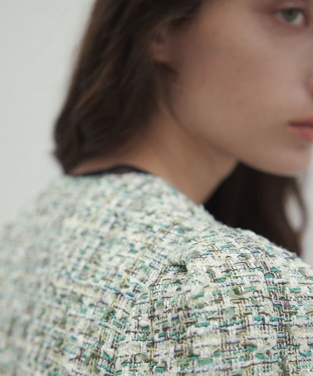 BEIGE， TEASEL / ノーカラーツイードショートジャケット GREEN MIX