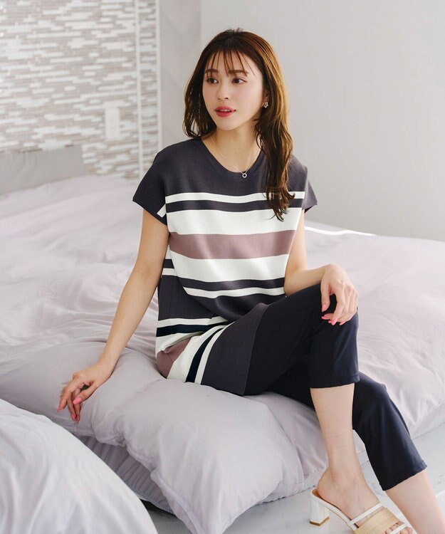 Tiaclasse 【新色追加・洗える】マルチボーダーフレンチニットチュニック ネイビー×オフ×ラベンダー