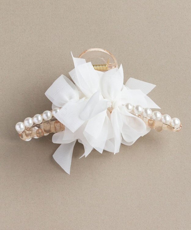 Phoebe フリルリボンパールバンスクリップ　ホワイト ホワイト