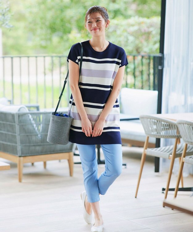 Tiaclasse 【新色追加・洗える】マルチボーダーフレンチニットチュニック ネイビー×オフ×ラベンダー