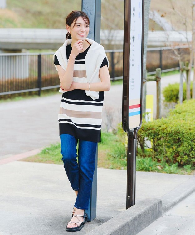 Tiaclasse 【新色追加・洗える】マルチボーダーフレンチニットチュニック ブラック×オフ×モカ