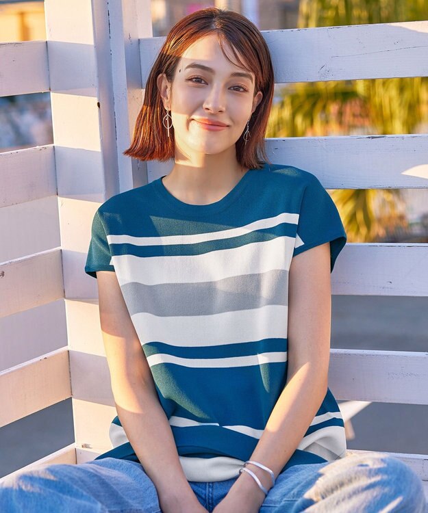 Tiaclasse 【新色追加・洗える】マルチボーダーフレンチニットチュニック ターコイズ×オフ×グレー